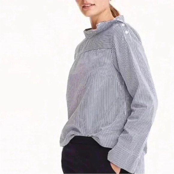 4/$25 J. Crew Top Black White Striped Funnelneck Cotton Poplin Hi Low Sz 00 - Picture 2 of 14